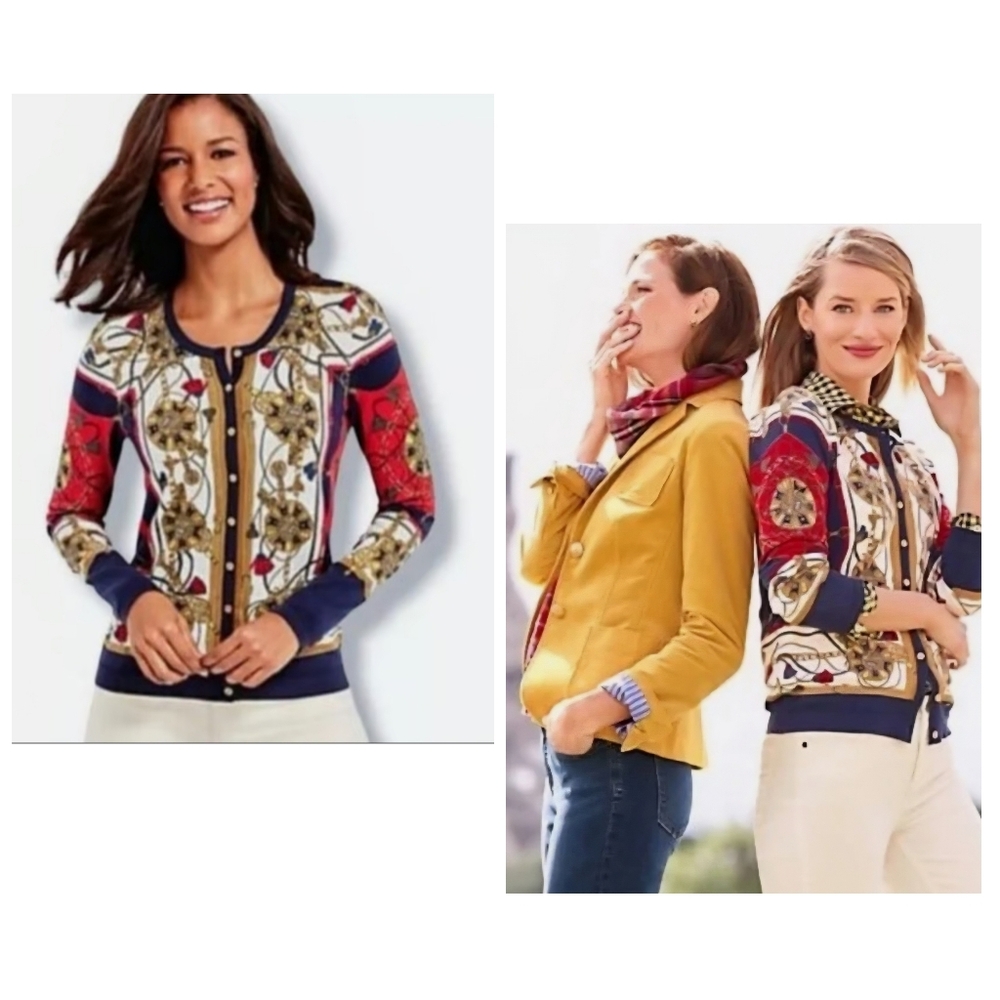 Talbots Charming Cardigan Status Print   Sweater Size S *18"-pit to pit & 23" L)